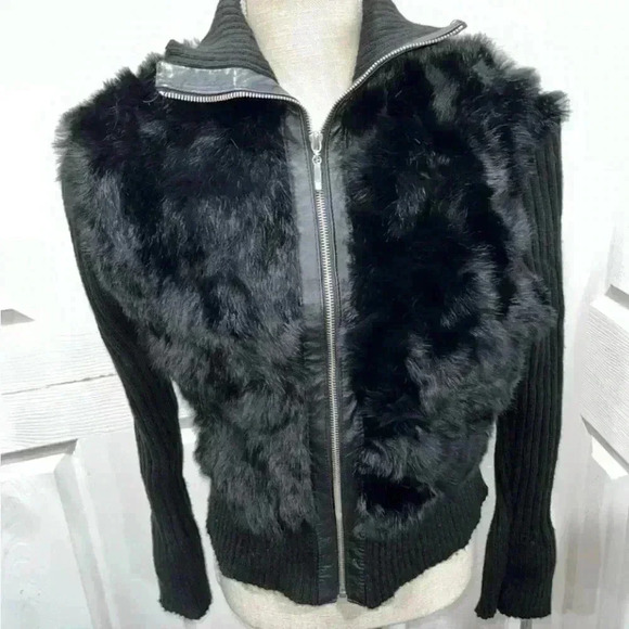 Vintage leather brand leather and genuine fur zip front luxury sweater in black - Picture 3 of 9